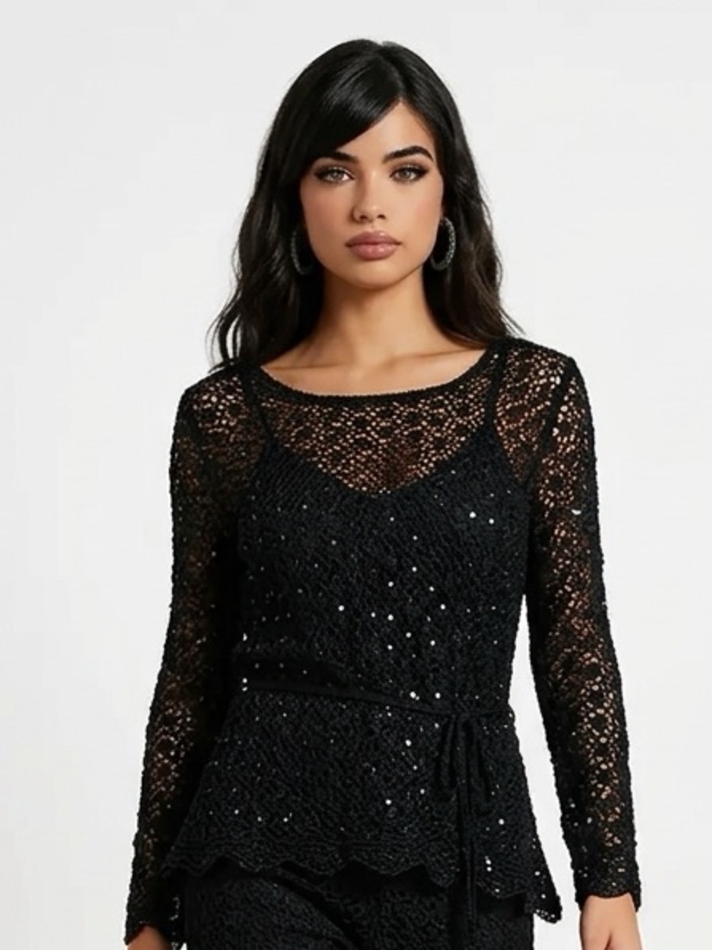 Chic Black Crochet Women's Long Sleeve Top | Y2K | Vintage Style | Large